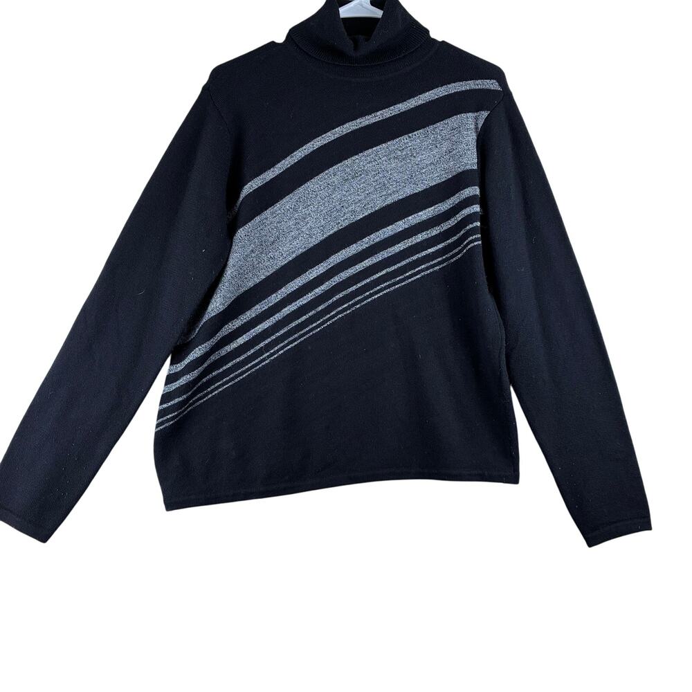 Vintage Apostrophe Turtleneck Sweater Women's XL Wool Blend Black Silver Stripe